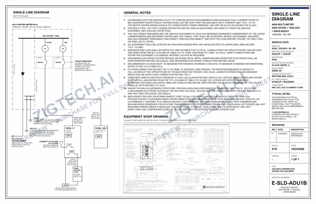 400A Single Phase Meter-Main 100A ADU 200A main house + BESS-California Energy Code Compliant single line diagram