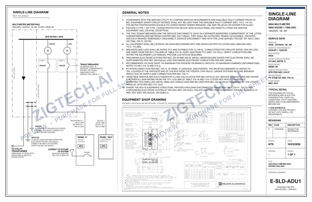 400A Single Phase Meter-Main 100A ADU 200A main house single line diagram