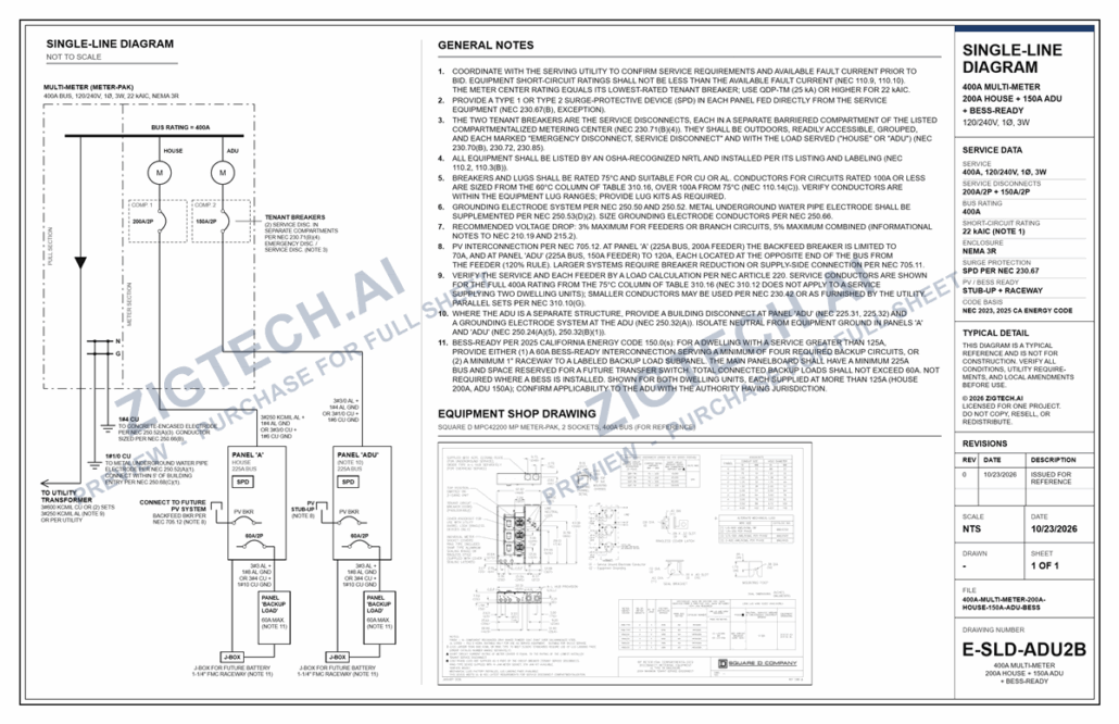 400A Single Phase Meter-Main 150A ADU 200A main house + BESS-California Energy Code Compliant single line diagram